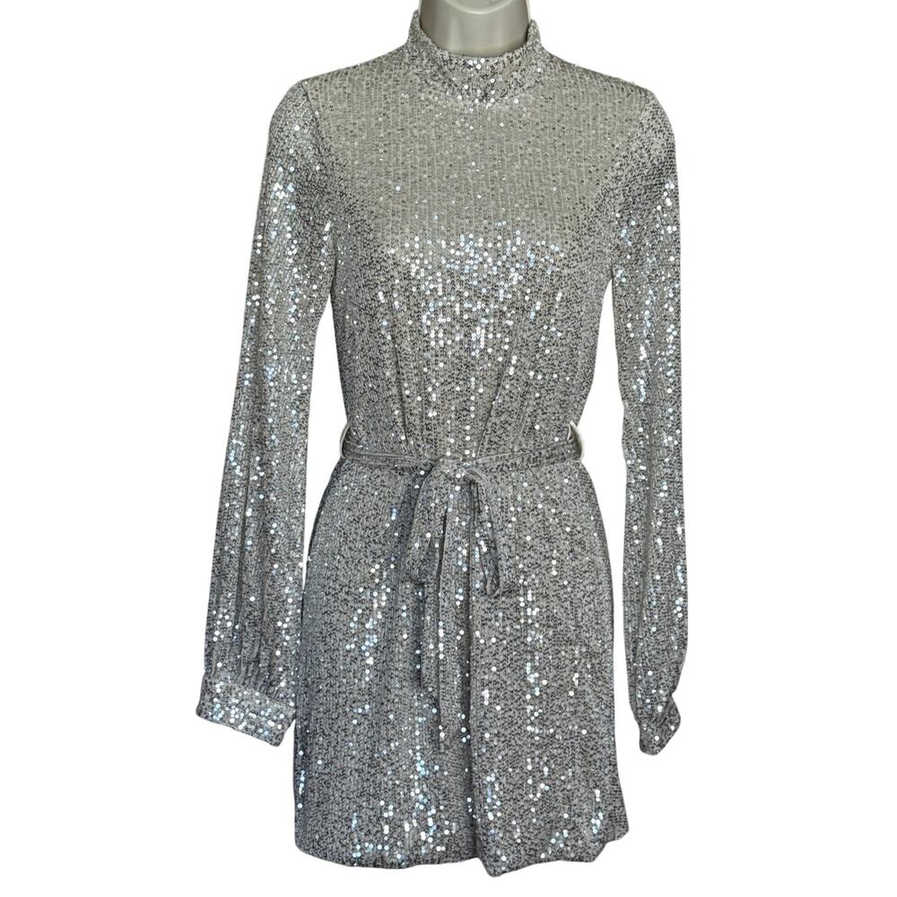 Aakaa Champagne Sequin Long Sleeve Mock Neck Mini Dress S NWT